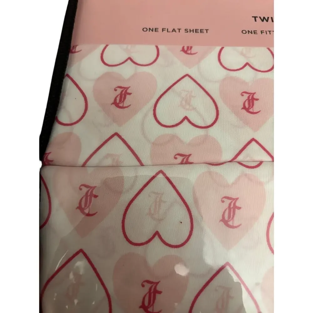 Juicy Couture Twin Sheet Set Hearts Pink 4 Pc Flat Fitted Pillowcases New